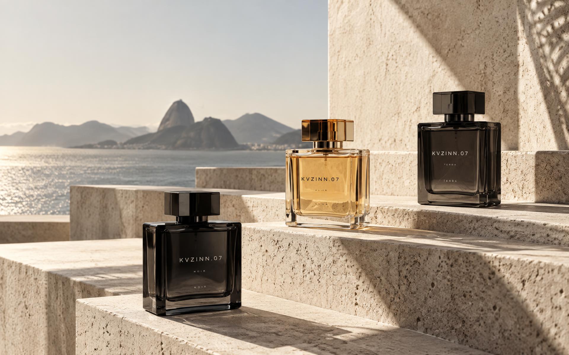 Coleção de perfumes diante da paisagem do Rio de Janeiro